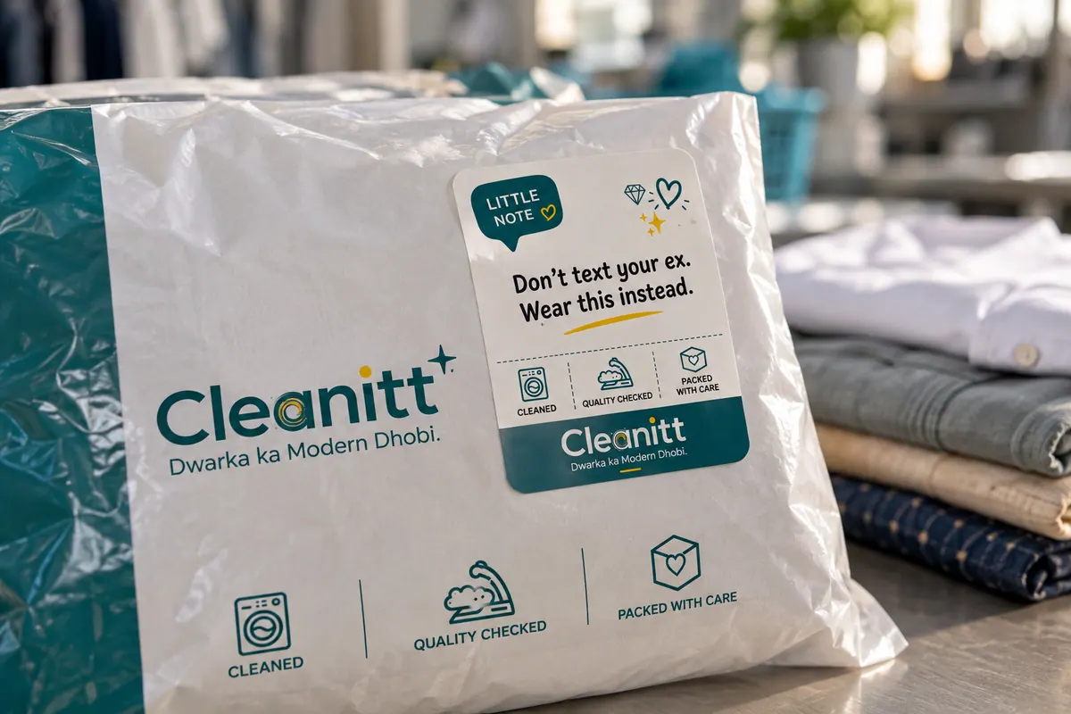 A white laundry bag with a teal band and a Little Note sticker reading "Don't text your ex. Wear this instead." next to a stack of folded clothes