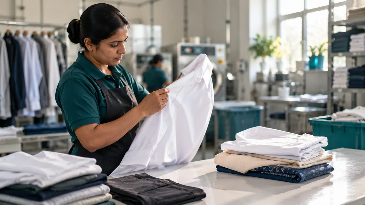 A white shirt held up to daylight and inspected before folding