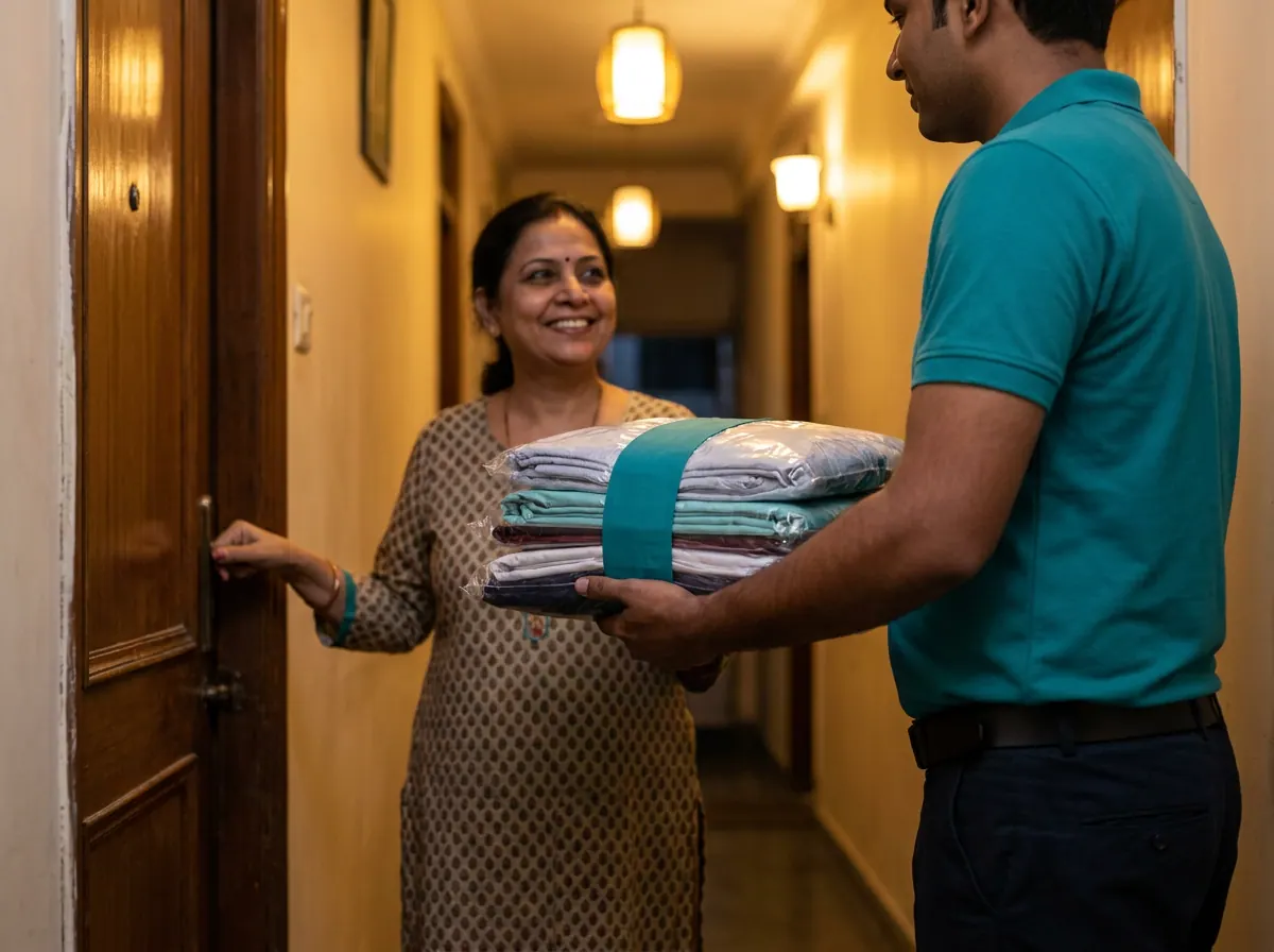 A stack of folded, wrapped clothes with a teal band being handed to a smiling woman at her door